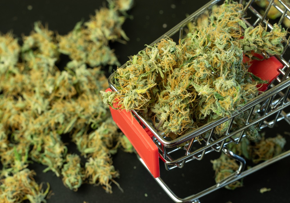 Shopping cart with marijuana buds load. Cannabis business concept stock photo